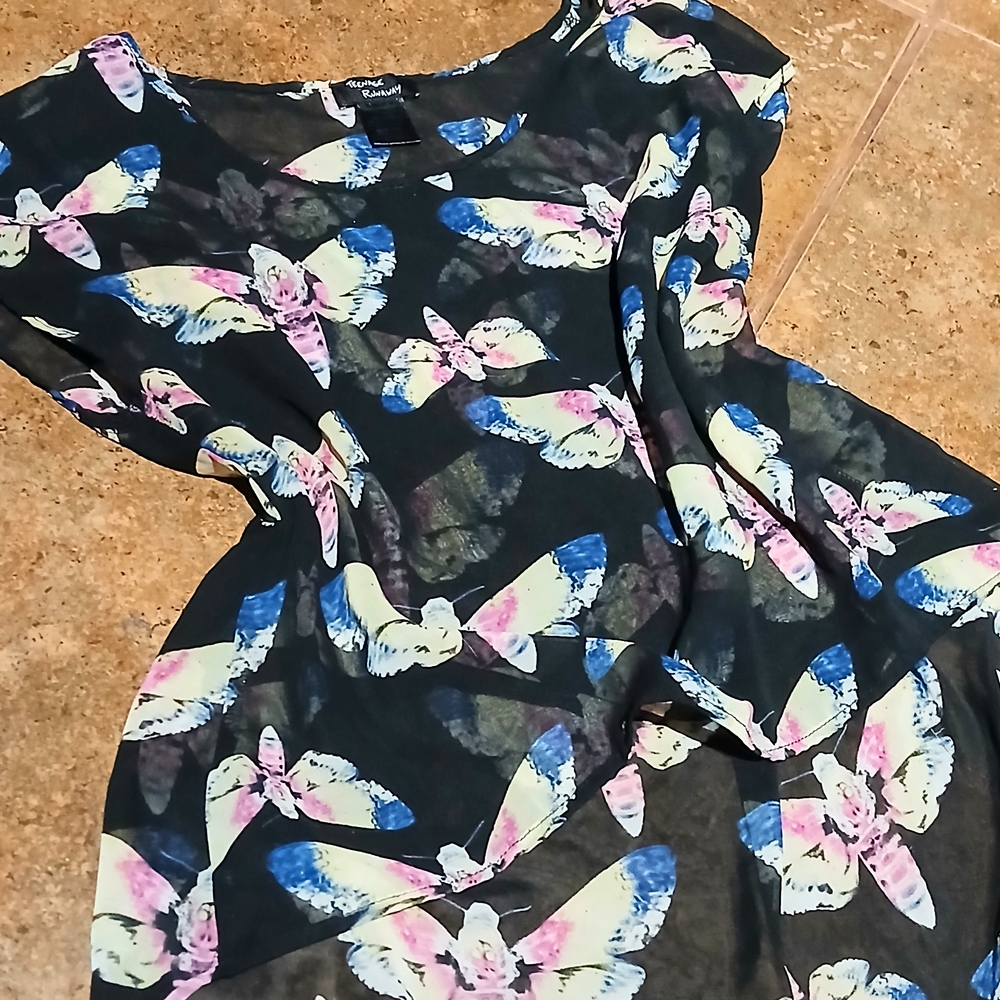 Tennage Runaway Moth/Butterfly Print Sheer Black Blouse Top